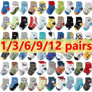 1/3/6/9/12 Pairs Kids Cotton Socks Sets for Baby Boys Non-slip Cute Cartoon Patterned Breathable Baby Trampoline Floor Socks