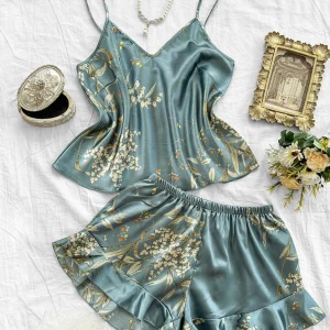 2-piece V-neck random print sexy casual shorts Pajama Set Women's Sleepwear Loungewear