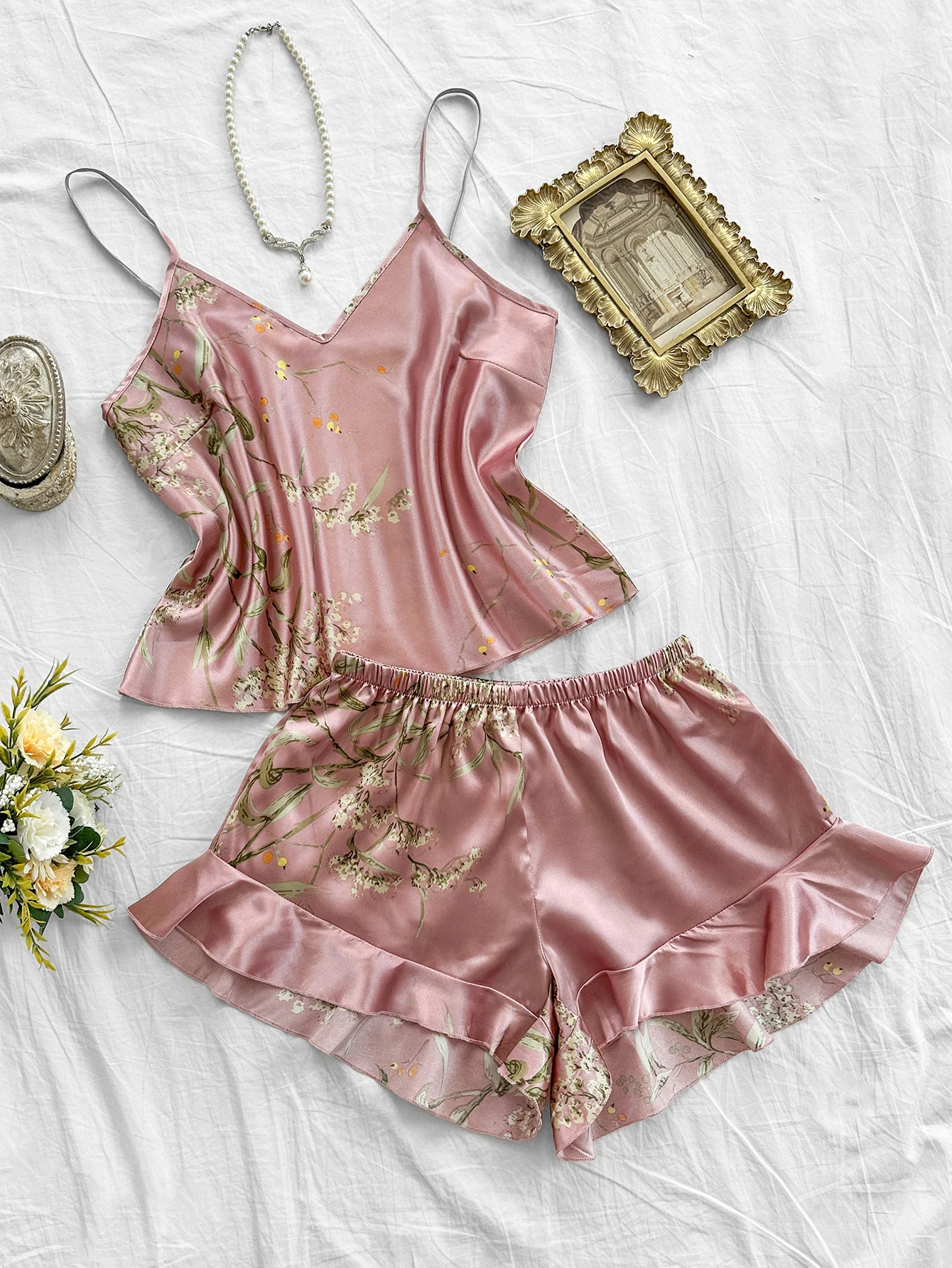 2-piece V-neck random print sexy casual shorts Pajama Set Women's Sleepwear Loungewear - Image 6