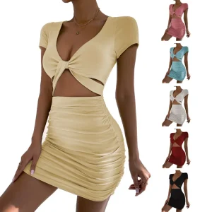 2023 Summer New Sexyt Wrap Hip Dress Party Club Solid midriff-baring Mini Dresses V-neck Short sleeve Bodycon Dress for Women