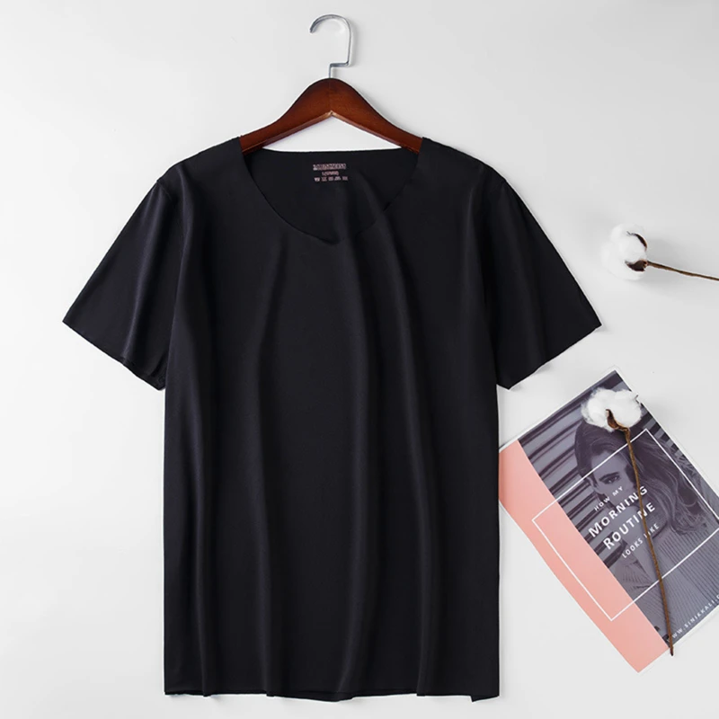 2024 Men's Thin Short Sleeve Ice Silk Without Summer Solid Color T Shirt Trace Slim V-neck Bottoming Seamless Short Sleeve - Image 6