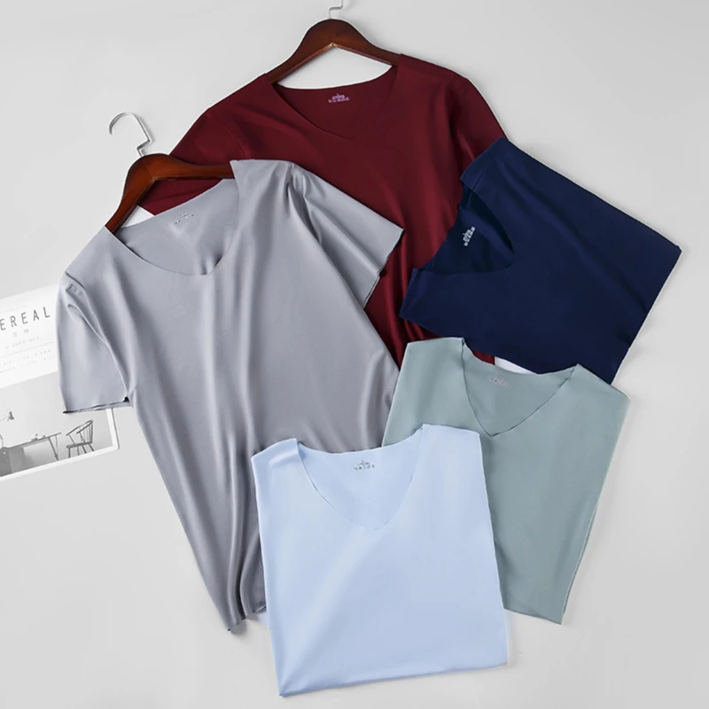 2024 Men's Thin Short Sleeve Ice Silk Without Summer Solid Color T Shirt Trace Slim V-neck Bottoming Seamless Short Sleeve - Image 4