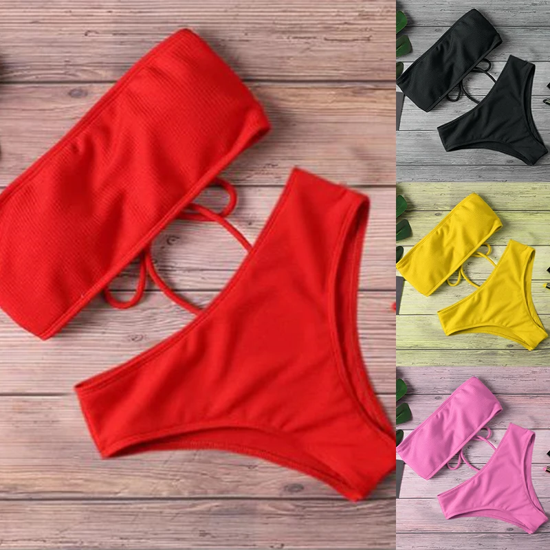 2024 New Bikini High Waist Strapless Sexy Bikini Women Swimwear Women Fashion Swimsuit Padded Bathing Suit Monokin Pure Color
