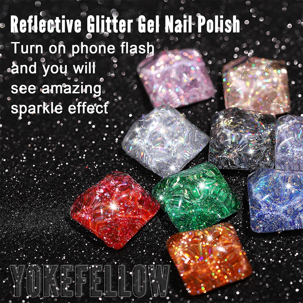 2024 New YOKEFELLOW 10ML Reflective Glitter Gel Nail Polish Soak Off UV Gel Varnish Colorful Nail Gel Polish For Manicure - Image 3