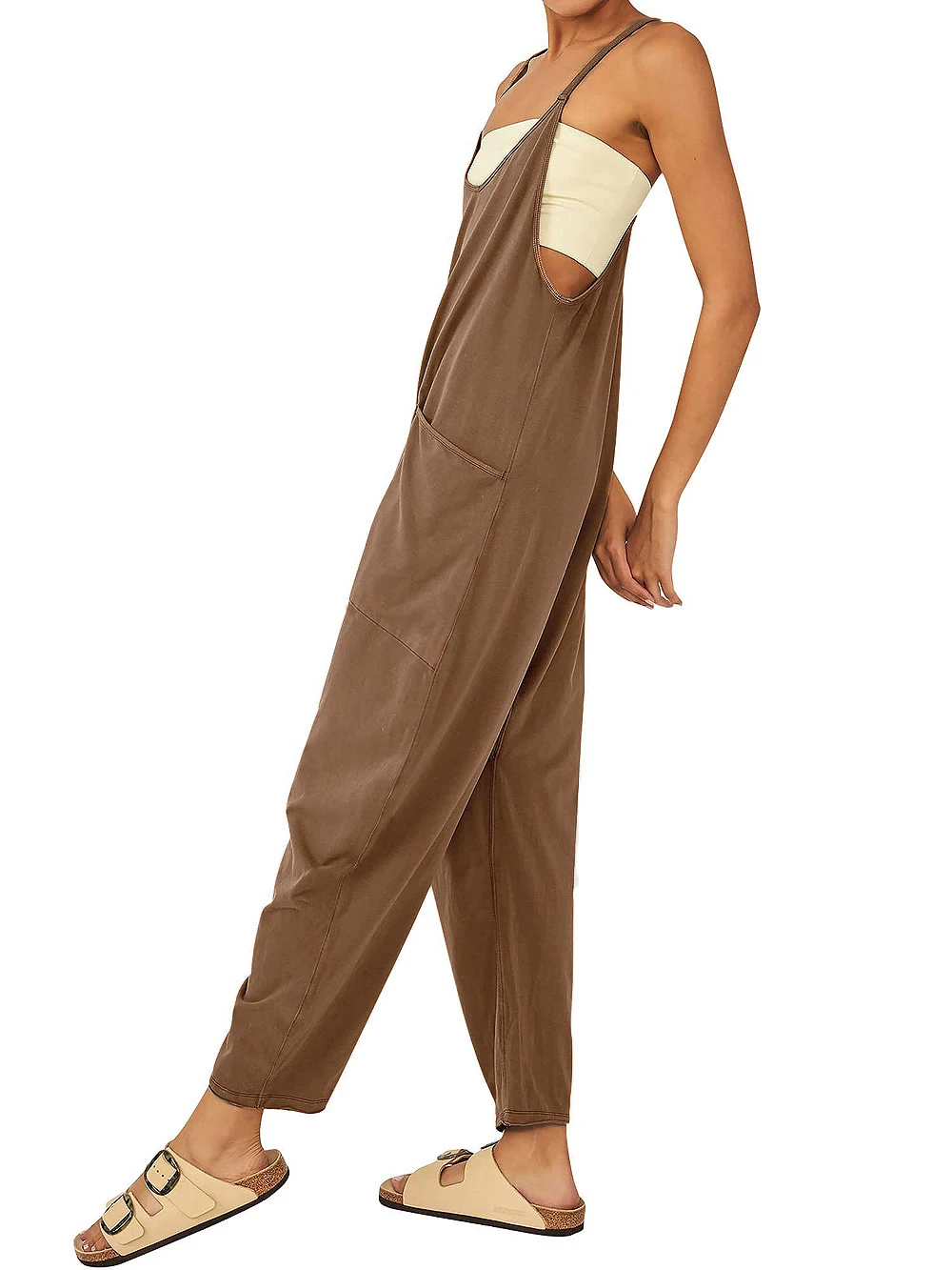 2024 New loose foreign trade women's pure color patch bag zipper jumpsuit suspenders jumpsuit - Image 6