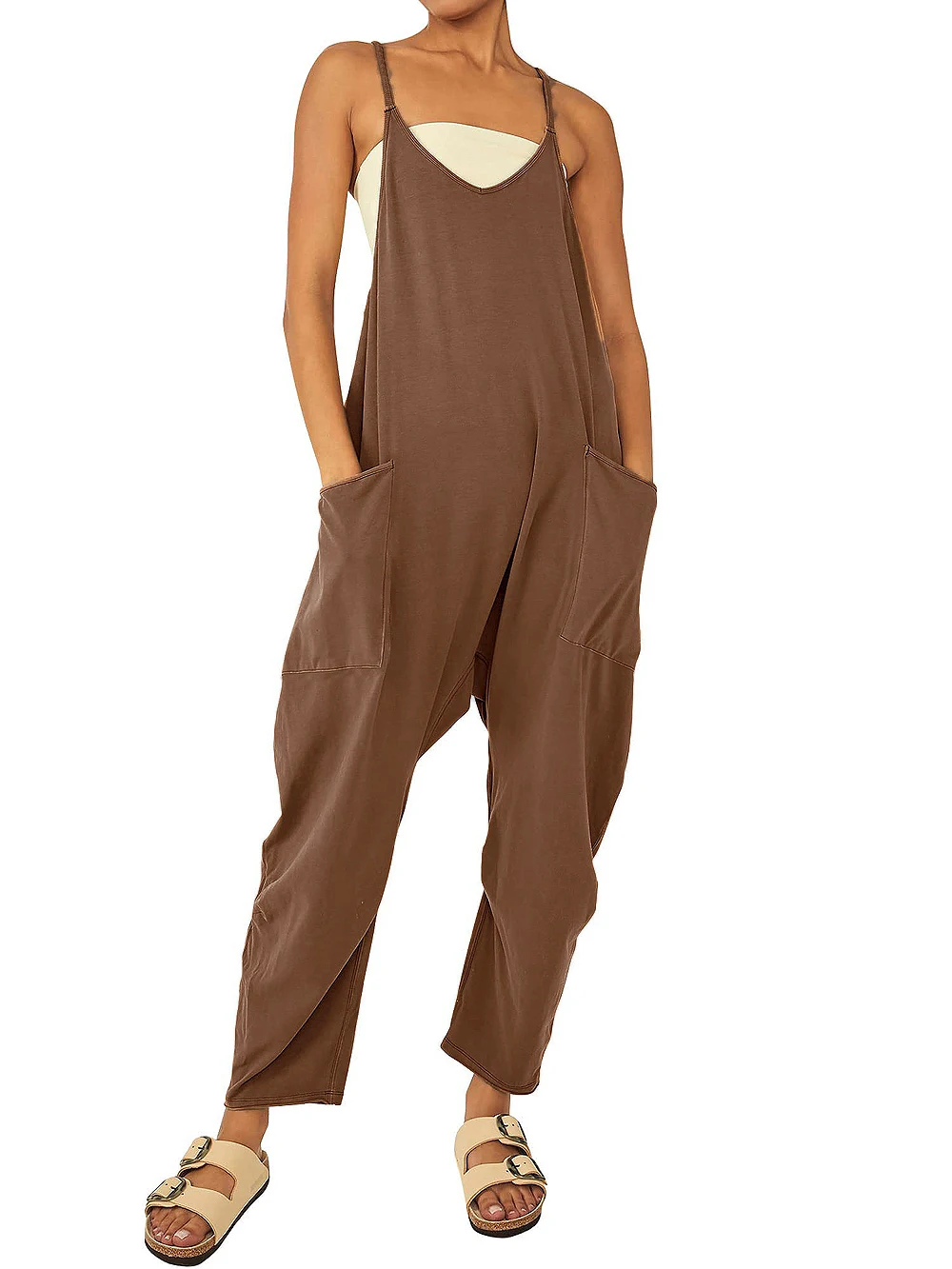 2024 New loose foreign trade women's pure color patch bag zipper jumpsuit suspenders jumpsuit - Image 5