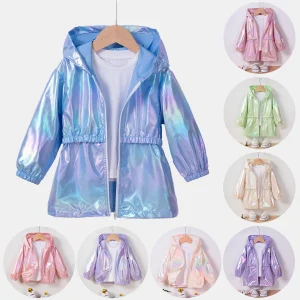 2024 Spring and Autumn Children's Zipper Hooded Jacket Boys and Girls Fashion Pearl Color Thin Jacket Comfortable Skin-friendly