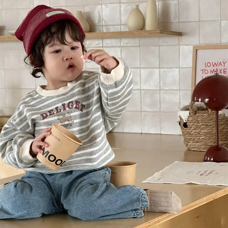 2025 Autumn New Baby Long Sleeve Striped Sweatshirt Infant Cotton Pullover Cartoon Letter Tops Boys Girls Casual Sweatshirts - Image 2