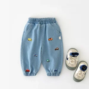 2025 Autumn New Baby Pants Cartoon Car Embroidery Girls Jean Pants Cute Boys Denim Trousers 9M -3T Children Elastic Waist Jeans