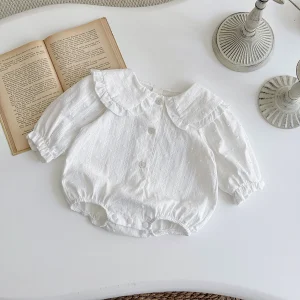 2025 Autumn New Spring and Autumn Baby Ha Yi New Clothing White polka dot doll collar design Pure cotton cute and cute baby jump