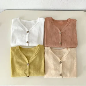 2025 Korean Cardigan Toddler Tops Kids Solid Color Coat Infant Lightweight Casual Outerwear Boys Girls Button Down Summer Jacket