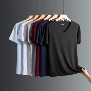 2025 Men's Thin Short Sleeve Ice Silk Without Summer Solid Color T shirt Trace Slim V-neck Bottoming Seamless short sleeve