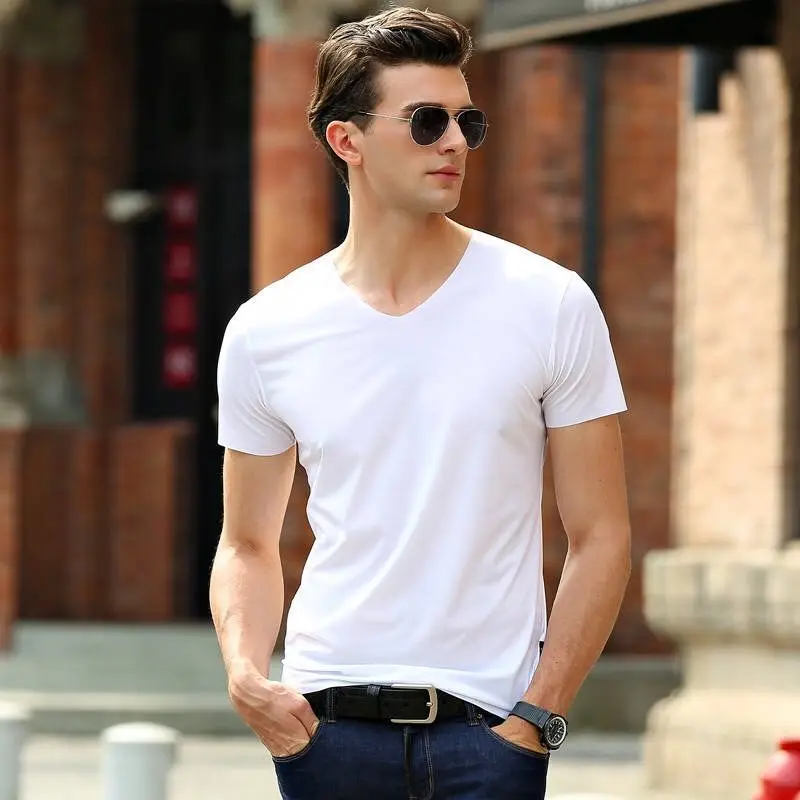 2025 Men's Thin Short Sleeve Ice Silk Without Summer Solid Color T shirt Trace Slim V-neck Bottoming Seamless short sleeve - Image 3