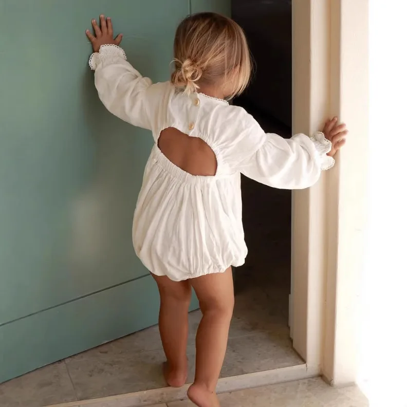 2025 Nordic Baby Spring and Autumn Cotton and Linen Hollow Out Backless V-neck Lace Jumpsuit Baby Clothes - Image 2