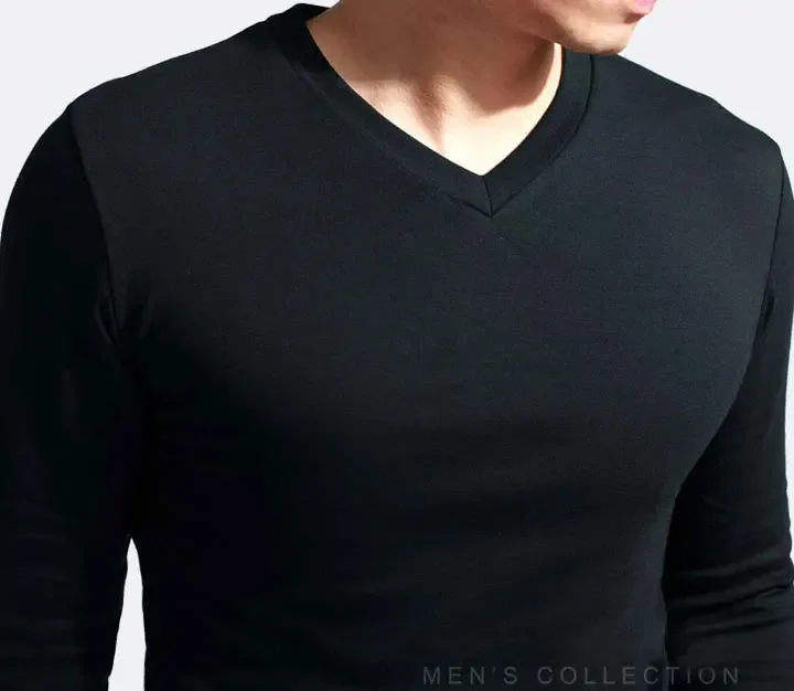 2026 Elastic Mens T-Shirt V-Neck Long Sleeve Men T Shirt for Male T-Shirts Man Clothing TShirt Brand Tops Tees - Image 2