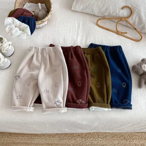2026 New Baby Boy Girl Thicken Trousers Clothes 0-5Y Toddler Kids Embroidered Fleece Lined Pants Fit Warm Winter Casual Trousers