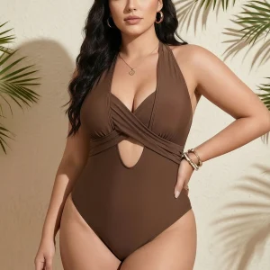 2026 New Plus-Size Solid Color Halter One-Piece Swimsuit | Tummy Control Slimming Bathing Suit for Women