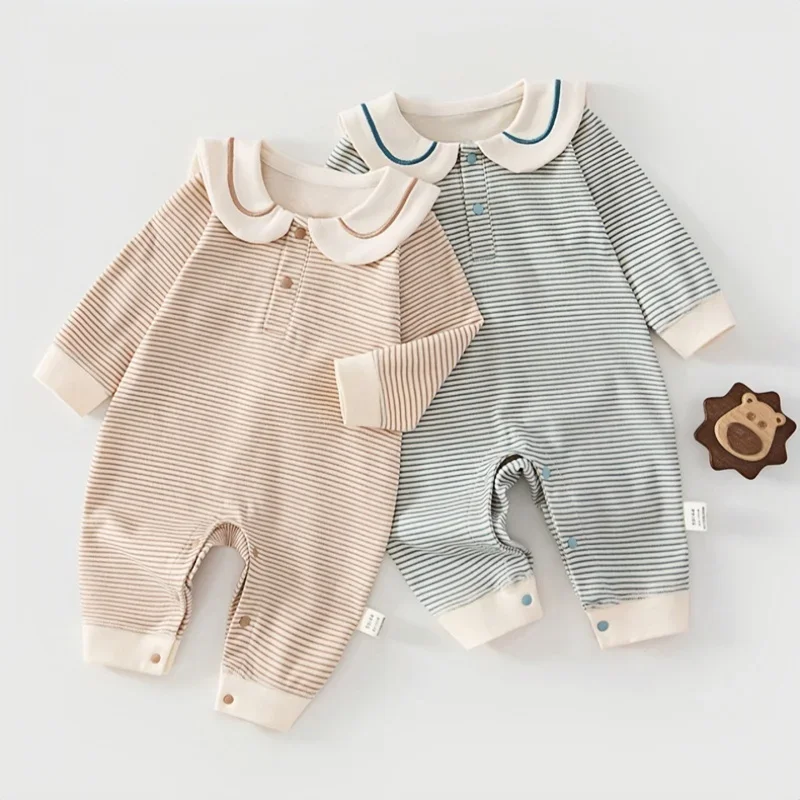 2026 Spring Cotton Newborn Jumpsuit Baby Bodysuits and One-pieces 0-24M Boys Girls Sailor Collar Stripe Boneless Soft Romper - Image 3