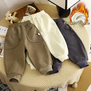 2026 Spring Kids Sweatpants 1-8T Solid Color Thicken Girls Trousers Loose Boys Leisure Pants Korean Children Fleece Trousers
