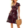 2026 Summer New Arrival Women's V-Neck Short Sleeve Floral Print Waist-Cinched Dress Loose Mid-Length A-Line Dress with Pockets