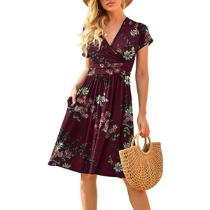 2026 Summer New Arrival Women's V-Neck Short Sleeve Floral Print Waist-Cinched Dress Loose Mid-Length A-Line Dress with Pockets