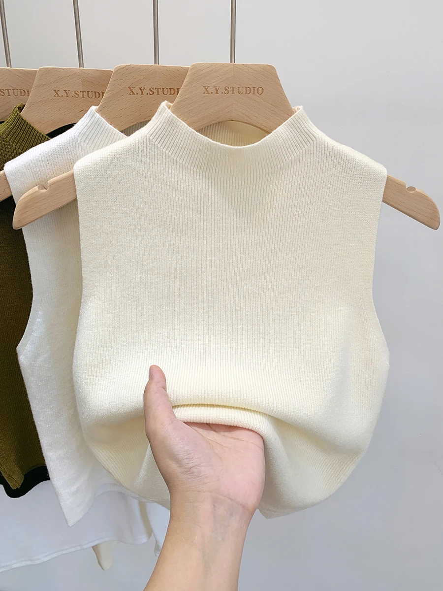 2026 Women Knitted Tank Top Spring Summer Slim Sweater Short Sleeveless Solid Spring Autumn Sweaters Pullovers