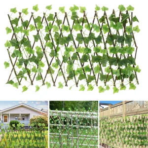 230cm Garden Screening Expanding Faux Privacy Screen Hedge Artificial Ivy Leaves Wooden Fence for Garden Balcony Decoration