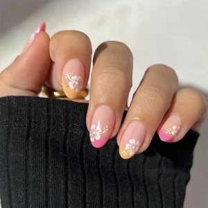 24 Pieces of Long Almond Dual Color French Flower Pattern ABS Fully Covered Fake Nails with 1 Piece of Jelly Glue and 1 File