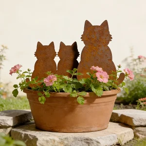 [2D Flat] 3pcs Metal Cat Garden Statue Rustic Farmhouse Outdoor/ Decoration with Standing Kitten Sculptures,Metal Cat Figurines