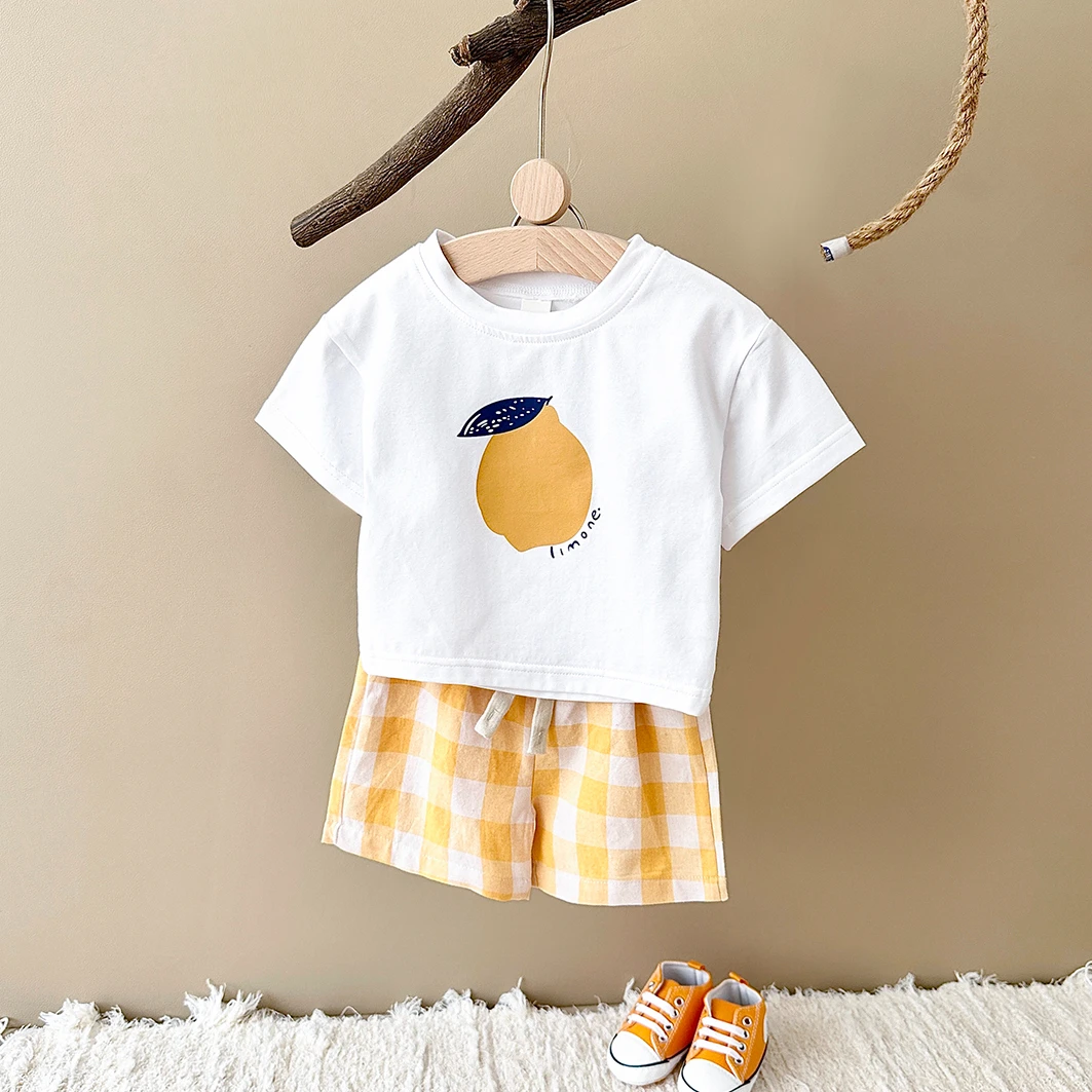 2PCS Summer Baby Boys Girls Clothes Set Lemon Print T-shirt+Checkered Shorts Beach Infant Toddler Outfit Suit 0-3Y - Image 2