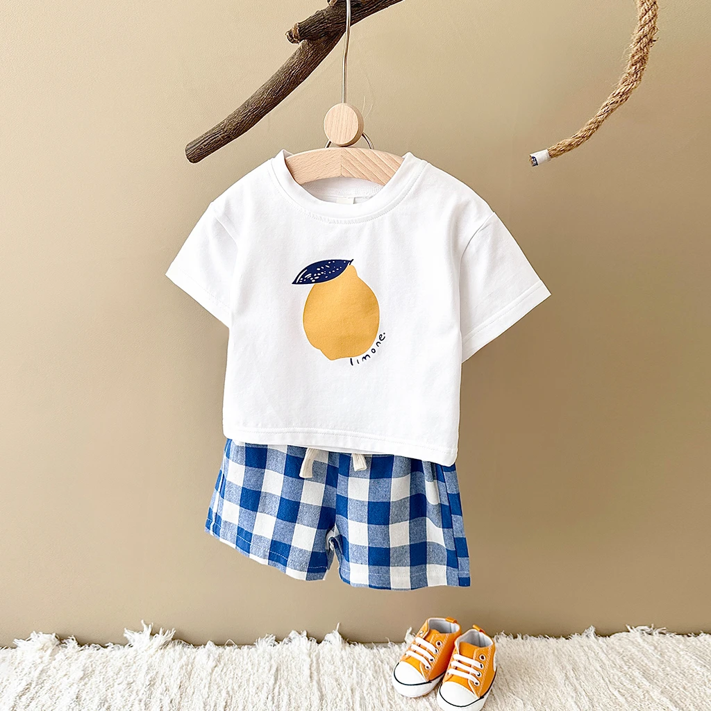2PCS Summer Baby Boys Girls Clothes Set Lemon Print T-shirt+Checkered Shorts Beach Infant Toddler Outfit Suit 0-3Y - Image 3