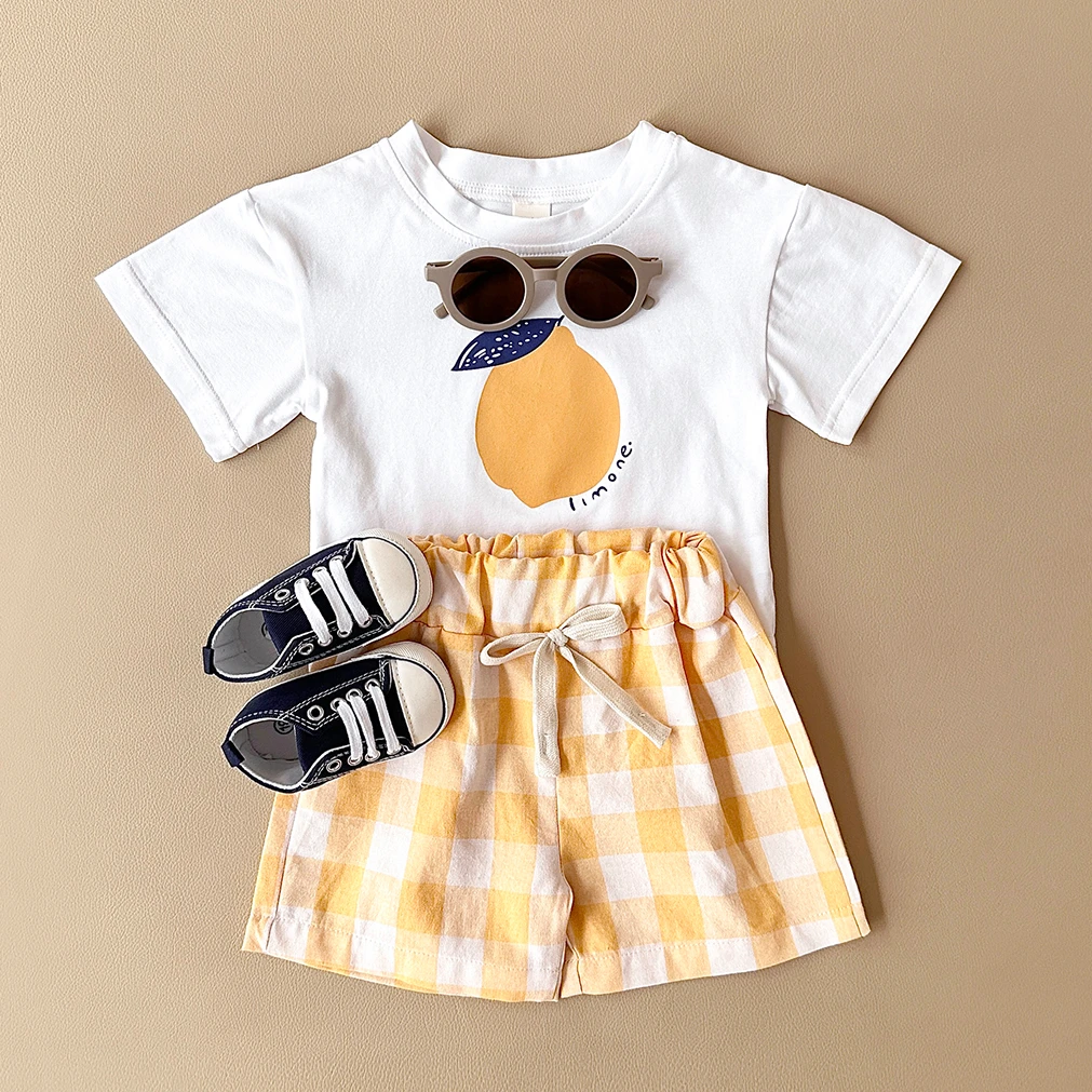 2PCS Summer Baby Boys Girls Clothes Set Lemon Print T-shirt+Checkered Shorts Beach Infant Toddler Outfit Suit 0-3Y - Image 4