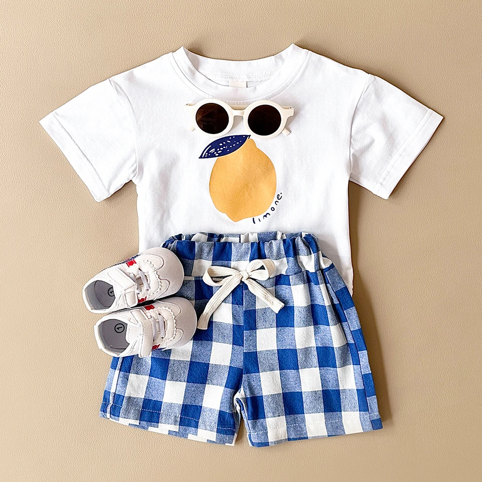 2PCS Summer Baby Boys Girls Clothes Set Lemon Print T-shirt+Checkered Shorts Beach Infant Toddler Outfit Suit 0-3Y - Image 5