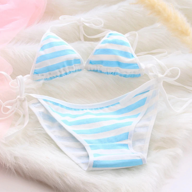 2PCS Women Bra Panties Set Sexy Lingeries Cotton Seamless Kawaii Bikini Lace-up Strap Blue White Striped Suit Female Underwear - Image 2