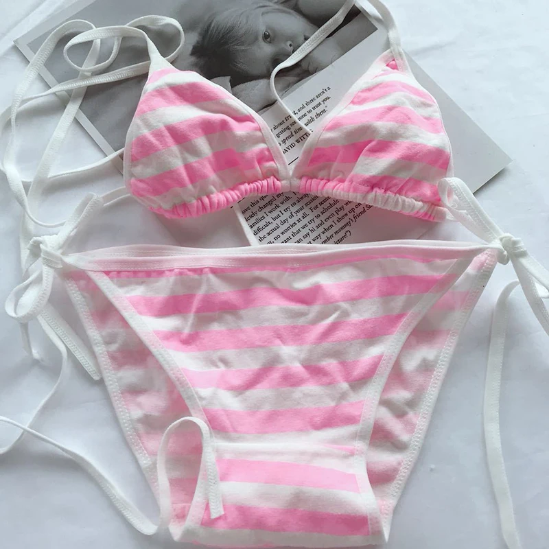 2PCS Women Bra Panties Set Sexy Lingeries Cotton Seamless Kawaii Bikini Lace-up Strap Blue White Striped Suit Female Underwear - Image 6