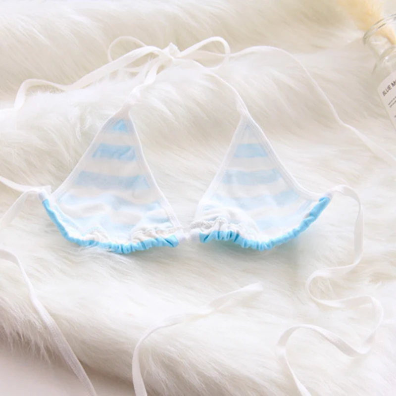 2PCS Women Bra Panties Set Sexy Lingeries Cotton Seamless Kawaii Bikini Lace-up Strap Blue White Striped Suit Female Underwear - Image 3