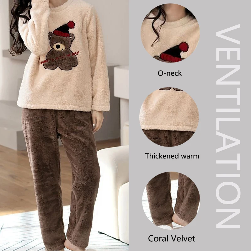 2pcs/Set Large Size Padded Thickened Warm Fall And Winter Women's Pajamas Long-Sleeved Long Pants Set Coral Velvet Cartoon Bear - Image 2
