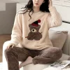 2pcs/Set Large Size Padded Thickened Warm Fall And Winter Women's Pajamas Long-Sleeved Long Pants Set Coral Velvet Cartoon Bear
