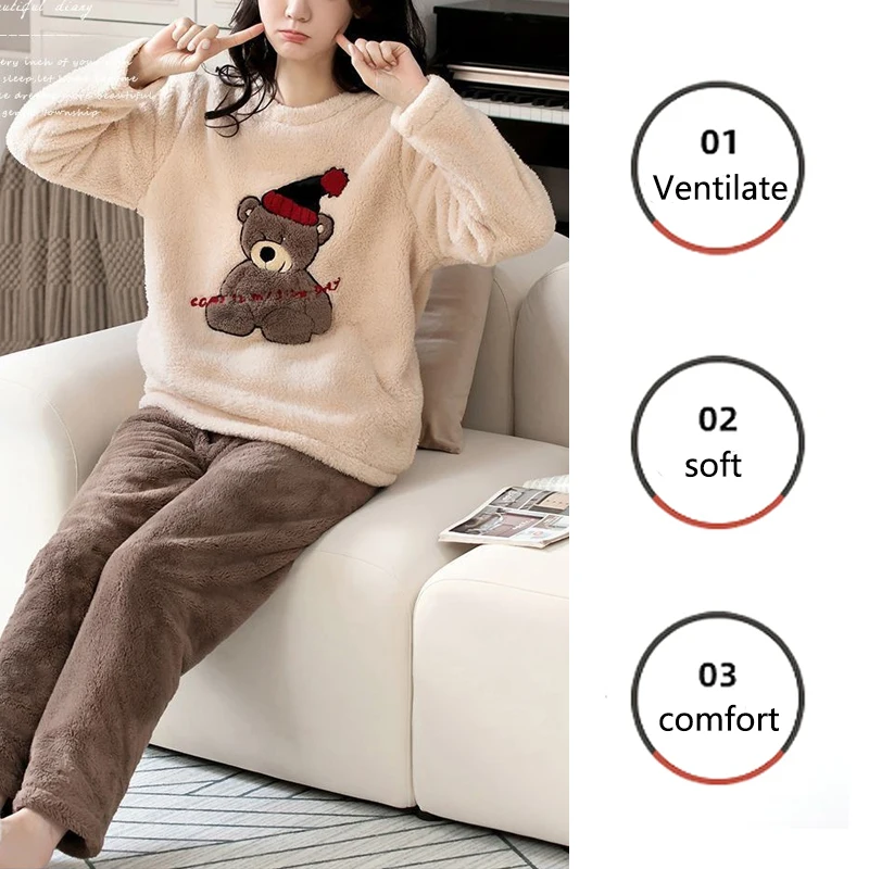 2pcs/Set Large Size Padded Thickened Warm Fall And Winter Women's Pajamas Long-Sleeved Long Pants Set Coral Velvet Cartoon Bear - Image 4
