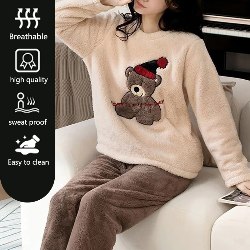 2pcs/Set Large Size Padded Thickened Warm Fall And Winter Women's Pajamas Long-Sleeved Long Pants Set Coral Velvet Cartoon Bear - Image 3