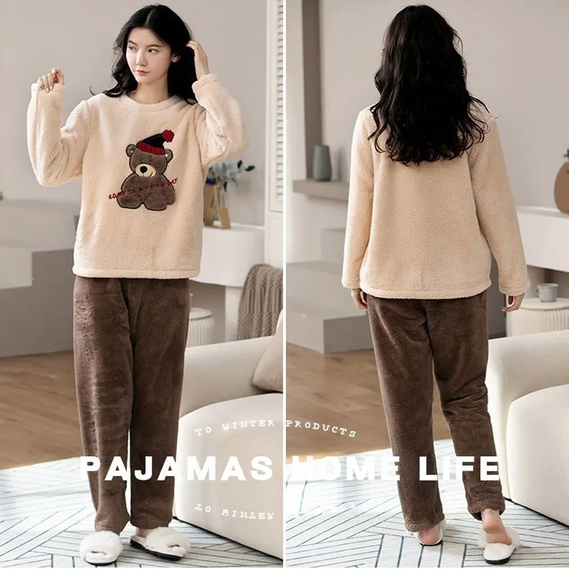 2pcs/Set Large Size Padded Thickened Warm Fall And Winter Women's Pajamas Long-Sleeved Long Pants Set Coral Velvet Cartoon Bear - Image 5