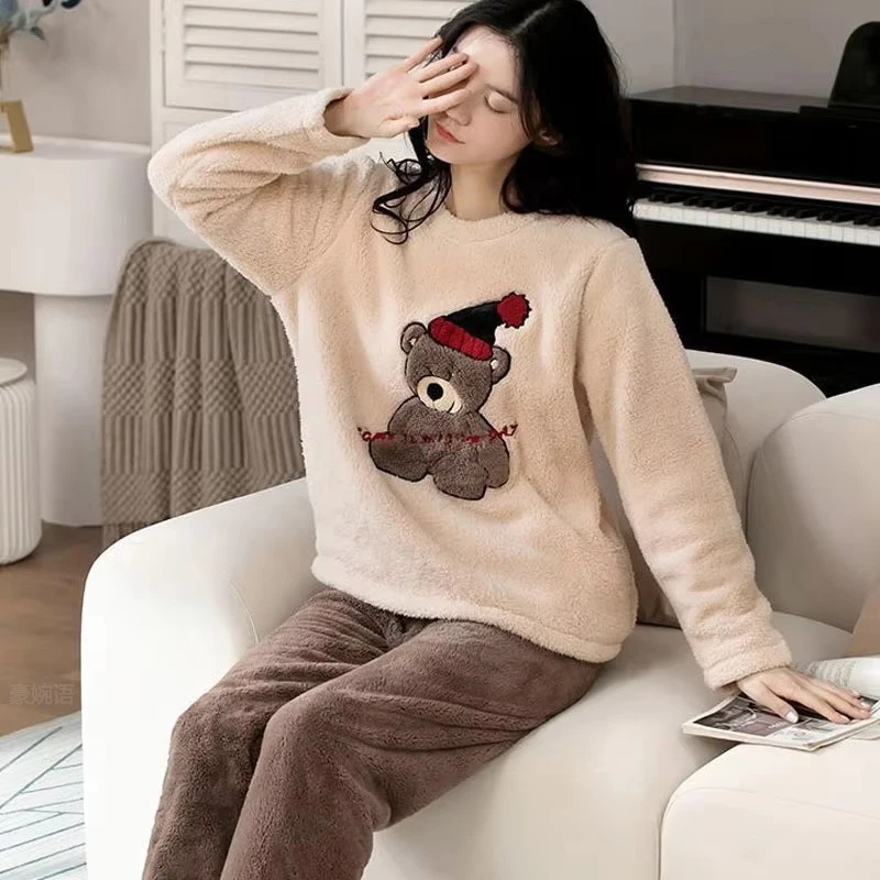 2pcs/Set Large Size Padded Thickened Warm Fall And Winter Women's Pajamas Long-Sleeved Long Pants Set Coral Velvet Cartoon Bear - Image 6