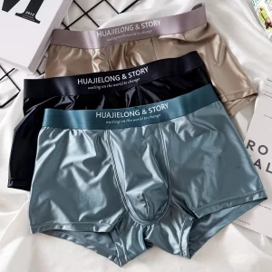 3PCS/Pack Luxury Ice Silk Satin-like Boxers Summer Smooth Cool Solid Men's Underpants Breathable Mesh Crotch Panties Underwear