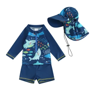 3Pcs Toddler Boys Rash Guard Swimsuits Cute Fish Print Long Sleeve Zip Up Bathing Suit Swimwear Beachwear Summer Clothes
