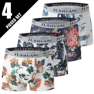 4 Pcs Men's Color Printed Underwear Teenagers Loose Fashion Multi-color Mix And Match Boyshort Sports Fitness Comfortable Shorts
