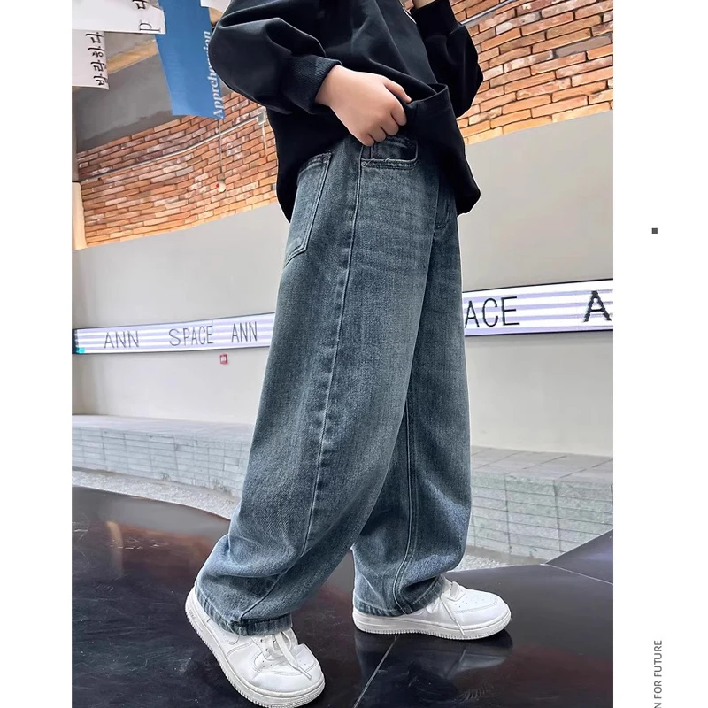 5-14Y Boys Jeans Pants Spring Kids Wide Leg Straight Trousers Autumn Loose-Fit Casual Trousers Children's Trendy Sweatpants - Image 2