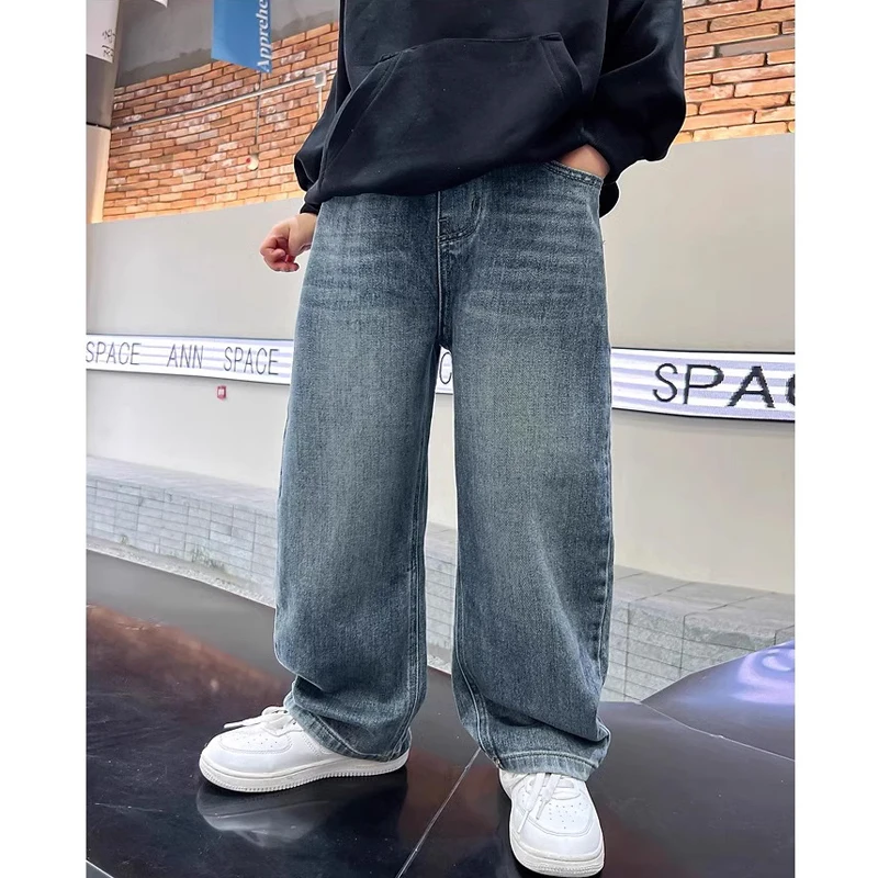 5-14Y Boys Jeans Pants Spring Kids Wide Leg Straight Trousers Autumn Loose-Fit Casual Trousers Children's Trendy Sweatpants - Image 4