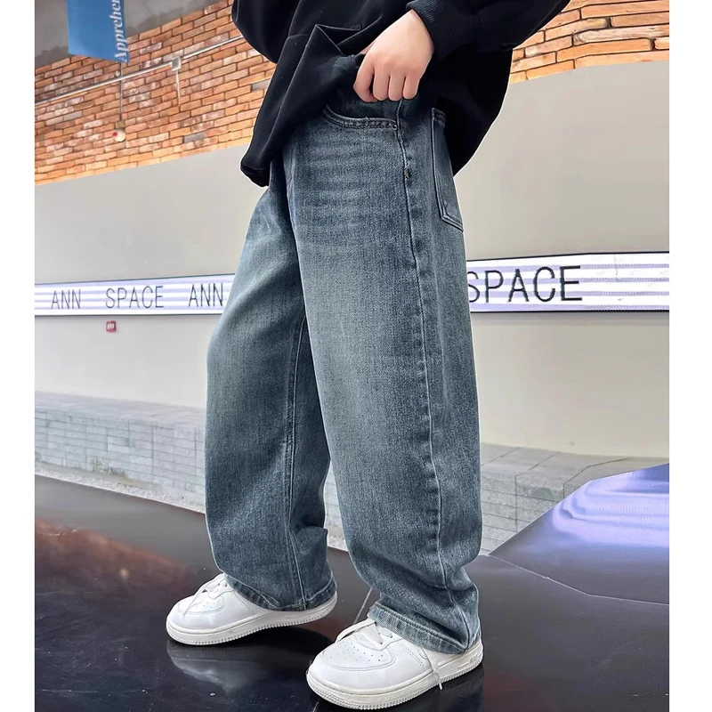 5-14Y Boys Jeans Pants Spring Kids Wide Leg Straight Trousers Autumn Loose-Fit Casual Trousers Children's Trendy Sweatpants