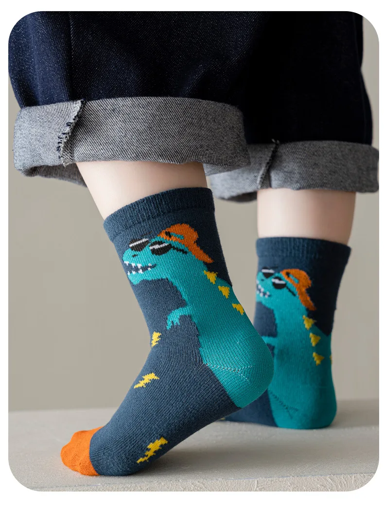 5 Pairs 1-12 Years Children's Cotton Socks Spring Autumn Cartoon Dinosaur Black White Grey Baby Girls Toddler Kids Boys Socks - Image 3