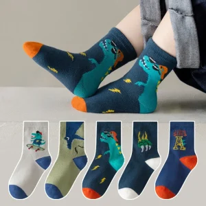 5 Pairs 1-12 Years Children's Cotton Socks Spring Autumn Cartoon Dinosaur Black White Grey Baby Girls Toddler Kids Boys Socks